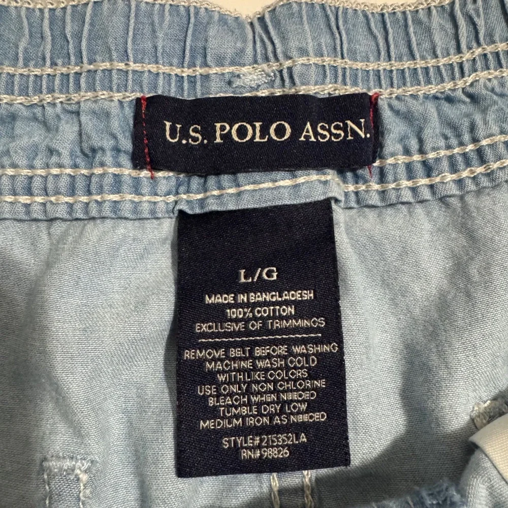 US Polo Assn Womens Blue Chambray Denim Shorts Rope Belt Frayed Hem Large Cotton